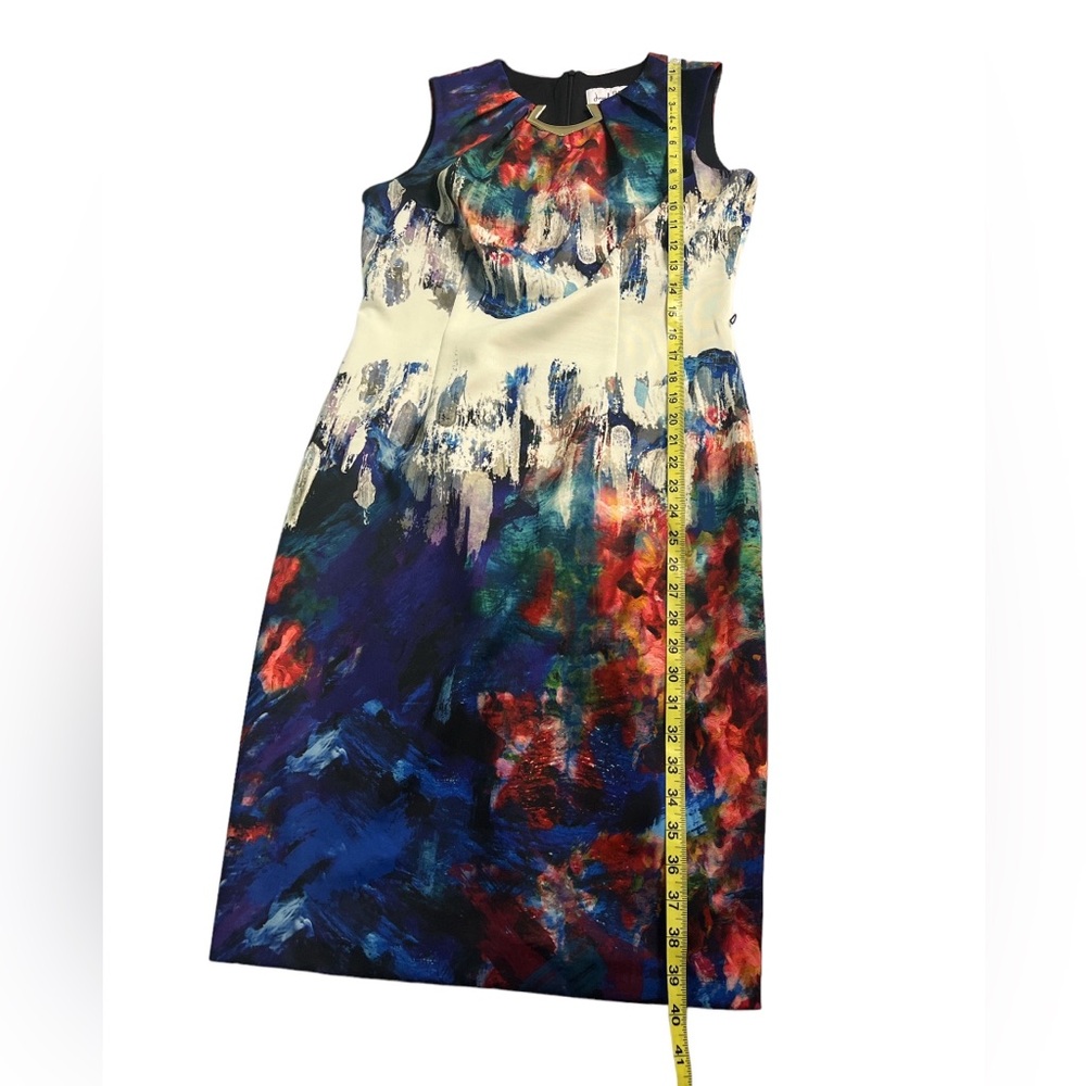 Joseph Ribkoff Watercolor Blue Red Abstract Sleeveless Sheath Dress With Belt - Picture 10 of 11